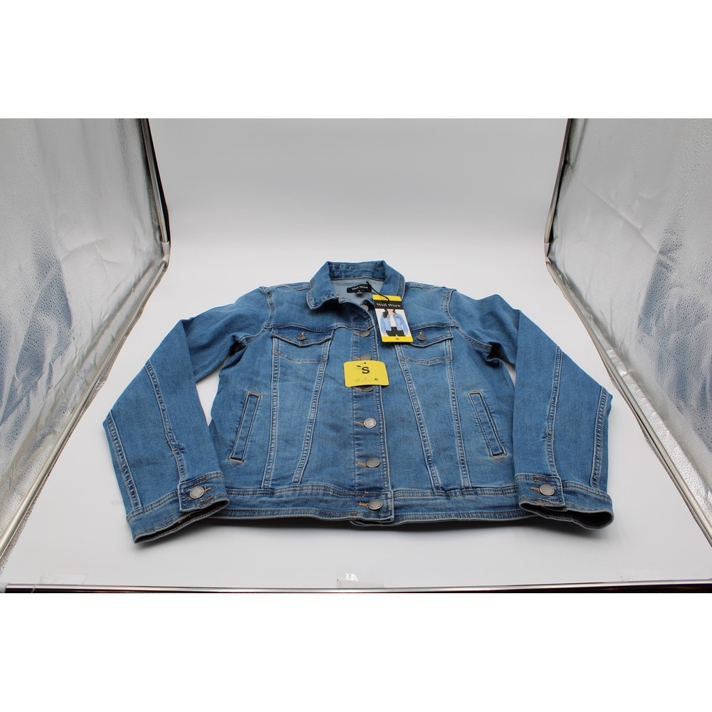 Well Worn Denim Jacket Blue Small Button Up Trucker Jean Coat Long Sleeve